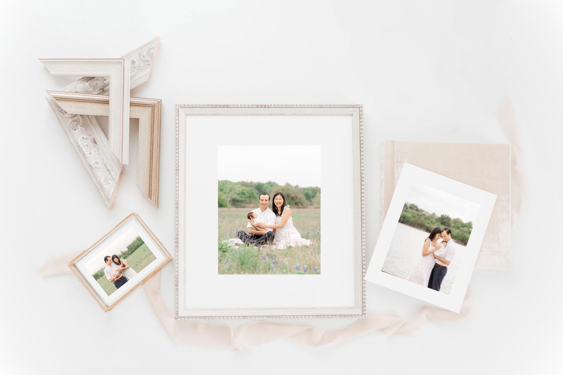 photo of a wall portrait and lose prints on a white background of an outdoor newborn session captured by an Austin TX Photographer