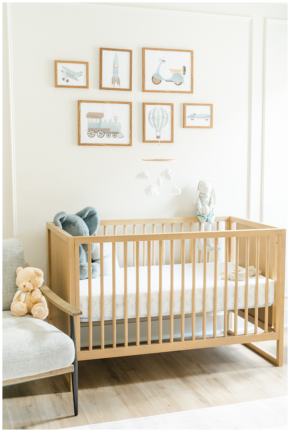 A photo of a light oak colored crib in a nursery of a Leander, TX home.