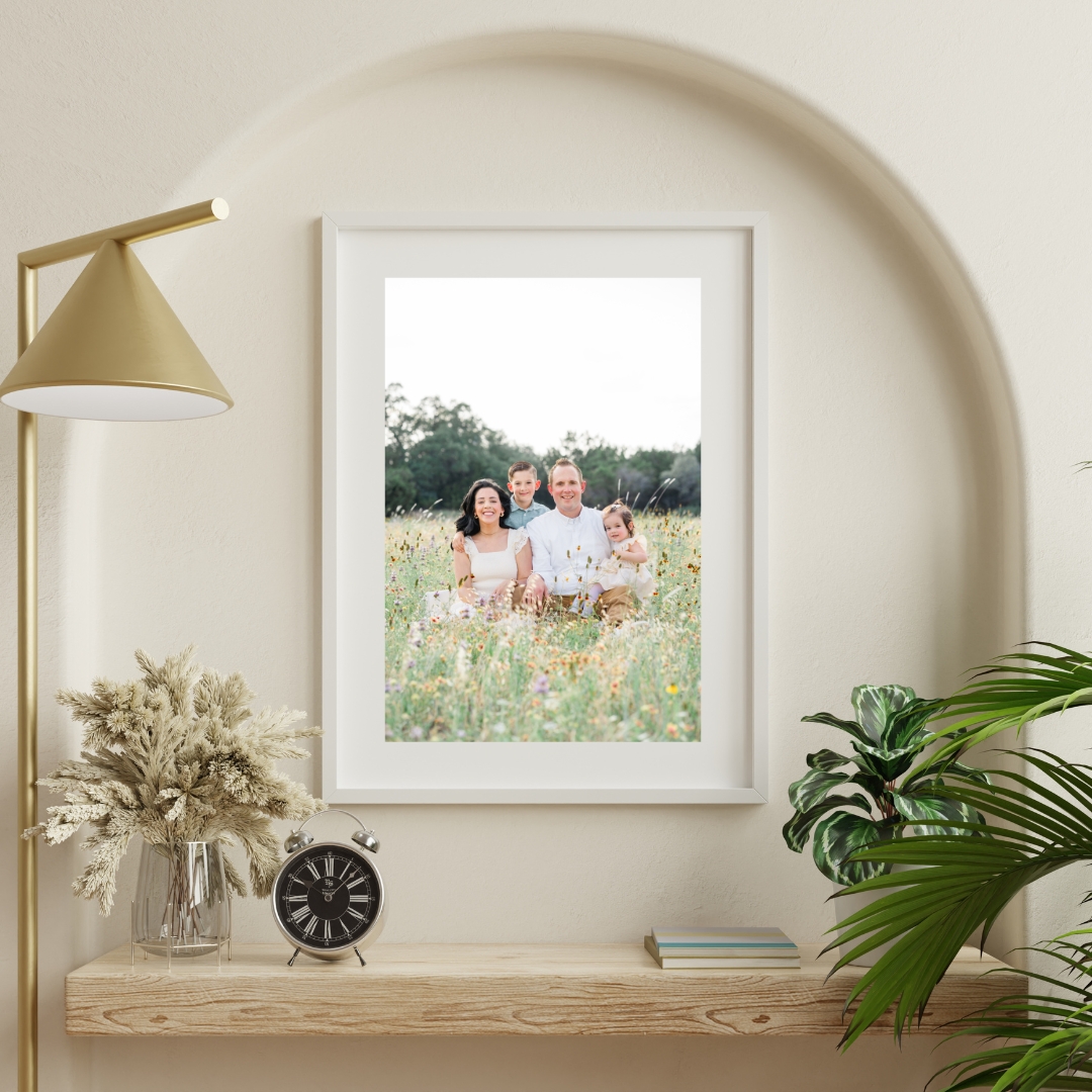 Professional printing | mockup of a framed print of a family of 4 in a field of wildflowers in Austin, TX. 